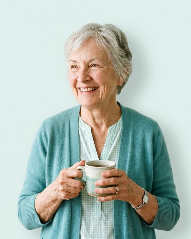 An older woman smiling at home with a cup of tea