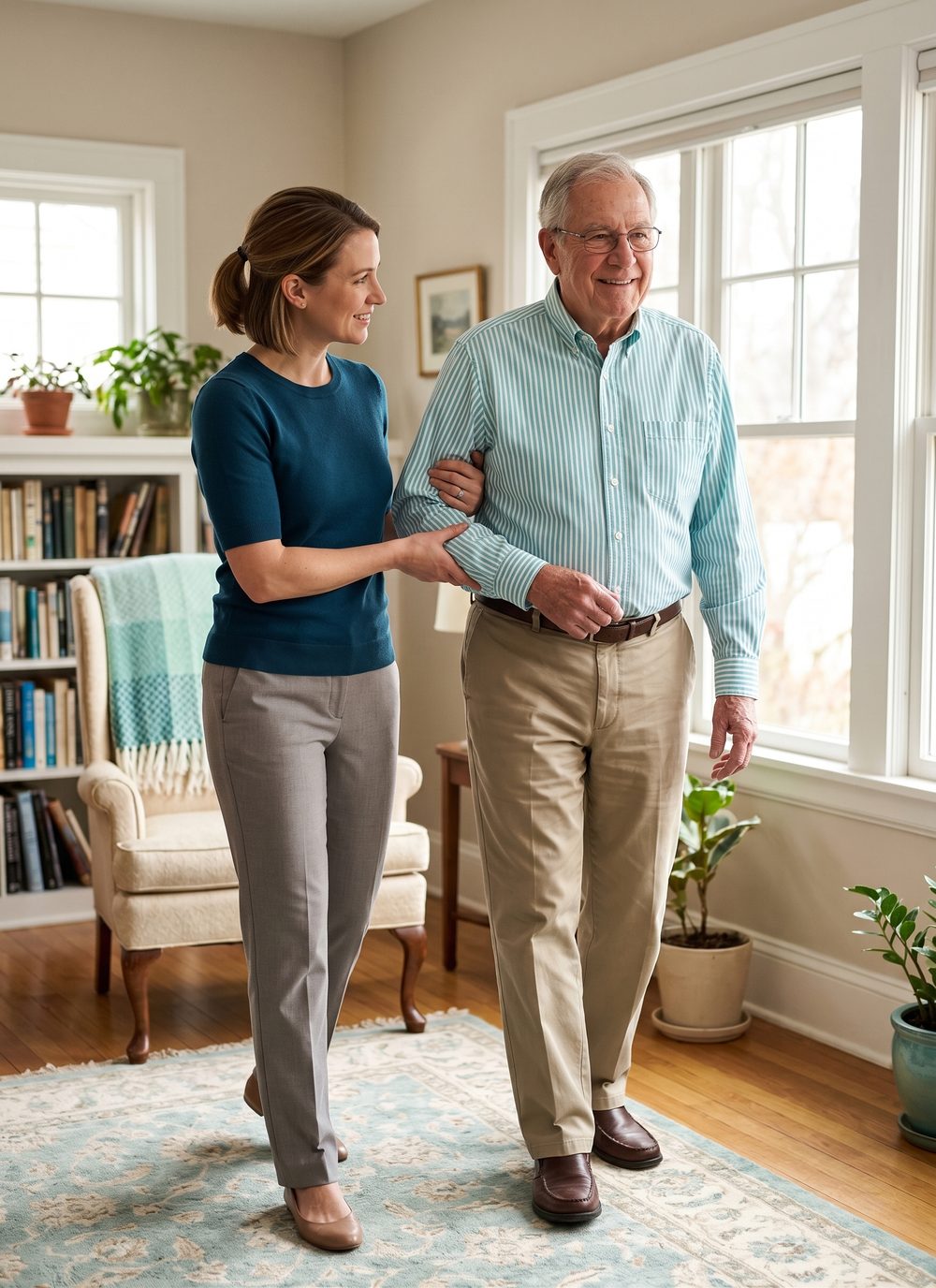A caregiver helping an older man walk safely at home